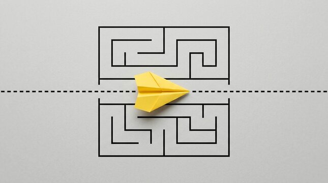 Bright yellow paper plane flies directly through a black complex square maze drawn on textured paper to represent creative thinking innovation strategy and smart business solutions