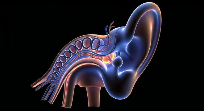 Anatomical illustration of the human ear highlighting internal structures and auditory canal