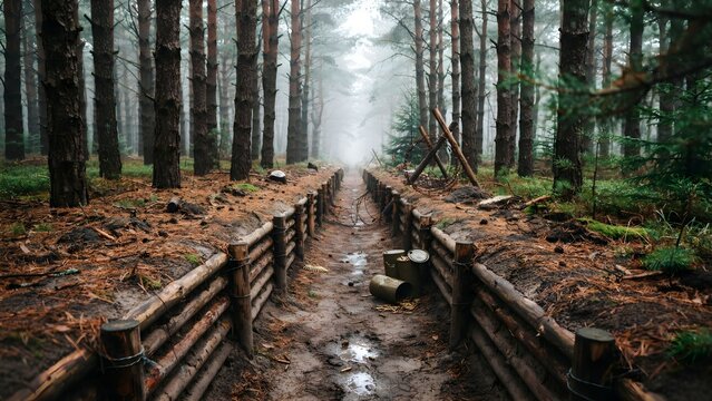 Forest trail with wooden logs along muddy path in misty dense woodland