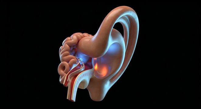 Anatomy of the human ear with inner structures illuminated for clarity