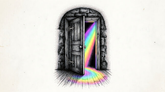 Concept of hope with open wooden door in stone archway releasing vibrant rainbow light beam on textured background