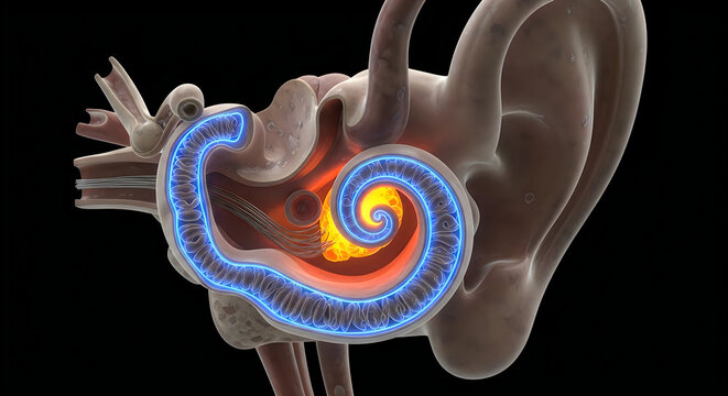 Anatomical illustration of the human inner ear with cochlea highlighted in vibrant colors