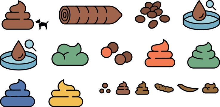 Dog stool chart and pet poop color texture consistency analysis icon set isolated on white background