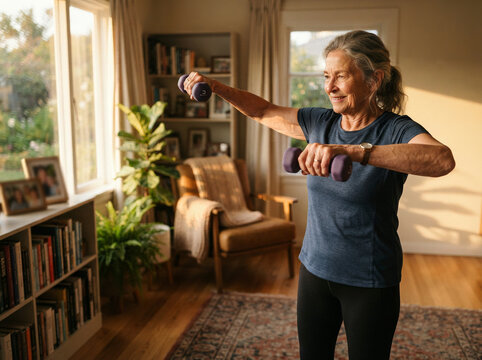 Older woman doing bicep curls with purple dumbbells in a bright living room