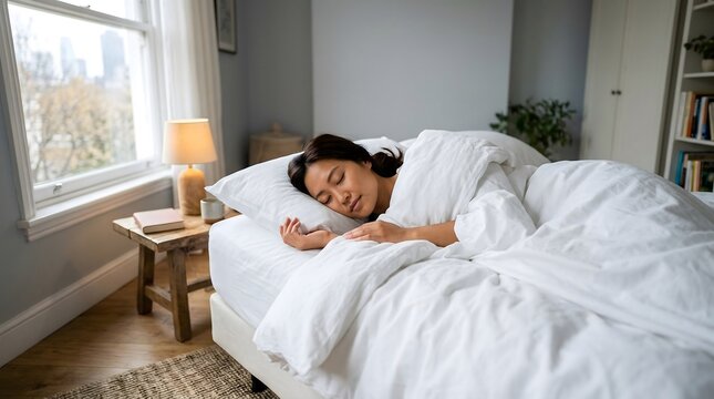 Peaceful young woman sleeping soundly in comfortable white bed at home