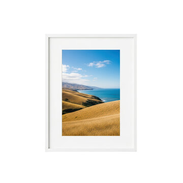 Scenic mountain landscape photo frame with green hills under blue sky