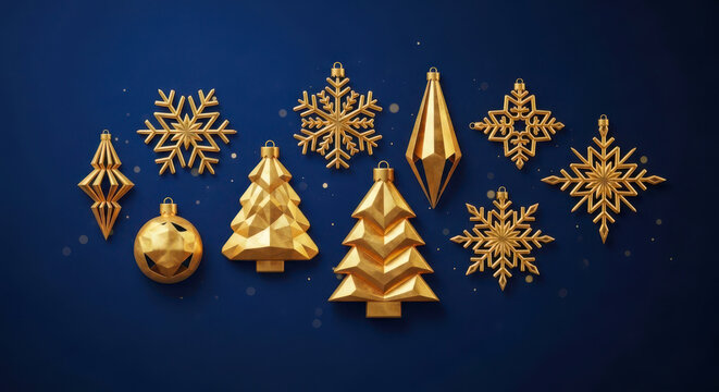 Golden christmas ornaments scattered on a dark blue background