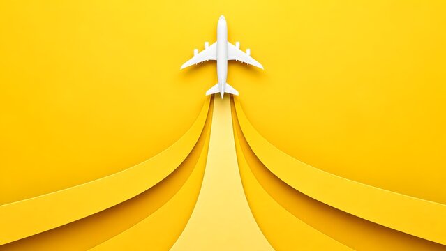 White airplane flying upwards leaving layered papercut style curved trails on yellow background symbolizing dynamic travel progress