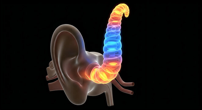 Anatomy illustration of the human ear and auditory pathway with cochlea highlighted