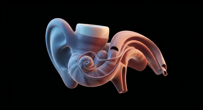 Intricate 3d rendering of the human ear's inner cochlea and outer auricle structure
