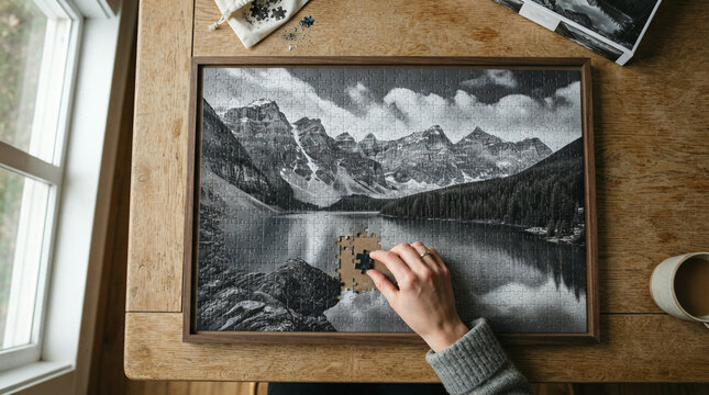 Hand placing a puzzle piece into a framed monochrome mountain landscape