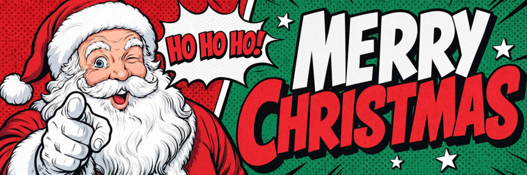 Santa Claus points toward the viewer beside bold Merry Christmas lettering in a colorful comic book style holiday banner.