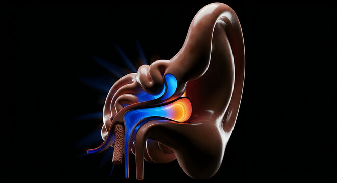 Anatomy of the human ear highlighting the inner auditory pathways and cochlea