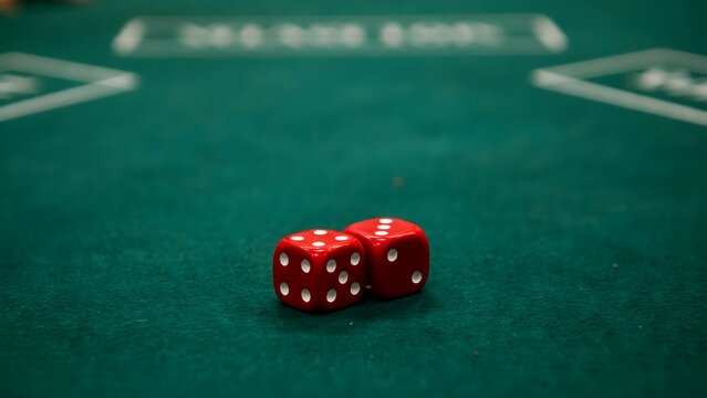 Red dice on a green gaming table for casino or gambling themed activities