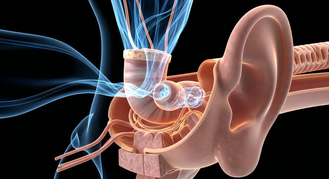 Anatomical illustration of the human hip joint and sciatic nerve pathway