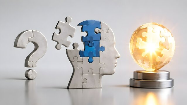 Puzzle head profile with blue missing pieces beside question mark and glowing sphere representing psychology and problem solving