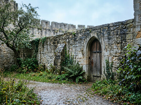 Weathered wooden door with a pointed arch set into an old stone castle wall