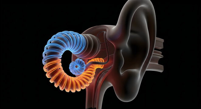Anatomy of the human inner ear with cochlea and auditory ossicles highlighted