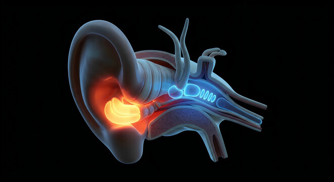 Illustration of the human ear highlighting the cochlea and auditory nerve pathway