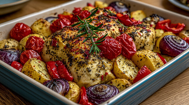 Oven Roasted Chicken Breast with Cherry Tomatoes Red Onions and Rosemary in Ceramic Baking Dish
