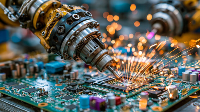 Robotic Arm Precision Soldering Microchip on Circuit Board with Sparks
