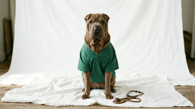 Shar Pei dog in a green scrub top sitting on a white linen sheet in a studio