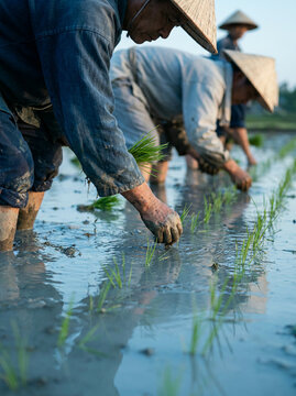 Farmers planting rice seedlings by hand in a flooded paddy field together