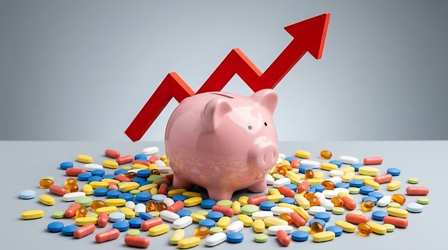 Pink piggy bank on light grey surface surrounded by diverse colorful medical pills capsules and tablets with rising red arrow symbolizing increased healthcare costs and pharmaceutical expenses