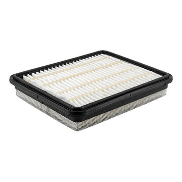 Air filter element for vehicles features a pleated transparent paper design inside a black plastic frame.
