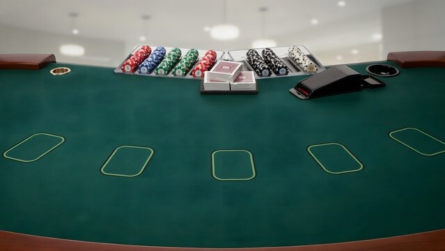 Professional Casino Poker Table with Chips and Cards on Green Felt Surface