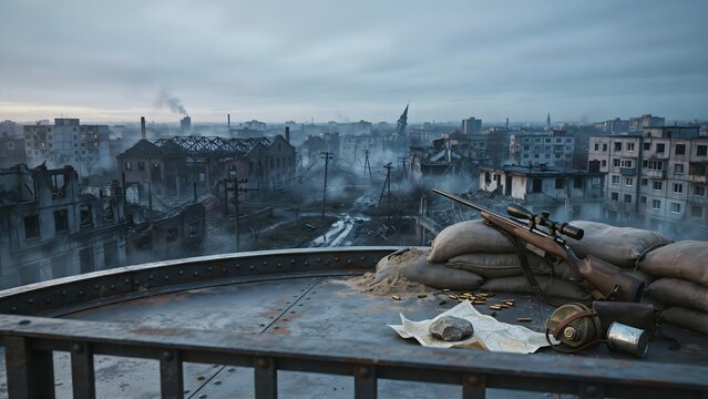 Urban Warfare Scene with Damaged Buildings and Military Equipment in a City