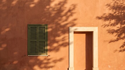 Obraz premium Sunlit mediterranean residential door with green shutter on warm terracotta wall under tree shadows