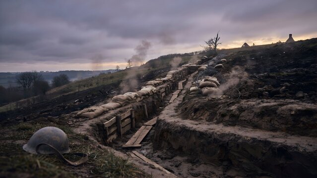 Battlefield Scene with Trenches and Smoke During Wartime in a Rural Landscape