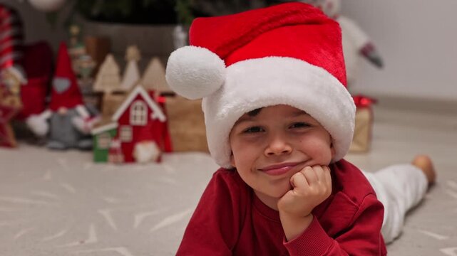 Close-up shots of two boys and their grandmother decorating a Christmas tree indoors. The brothers wear festive hats and pet a black cat near winter ornaments and a toy snowman.