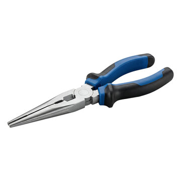 Needle nose pliers featuring blue and black ergonomic handles rest isolated on a clean transparent background.