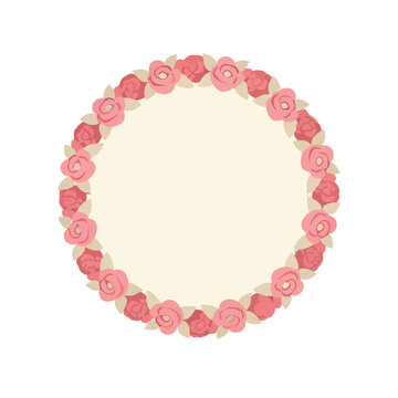 Floral circle frame with pink roses and beige leaves