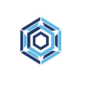 Geometric hexagon logo with blue and light blue colors