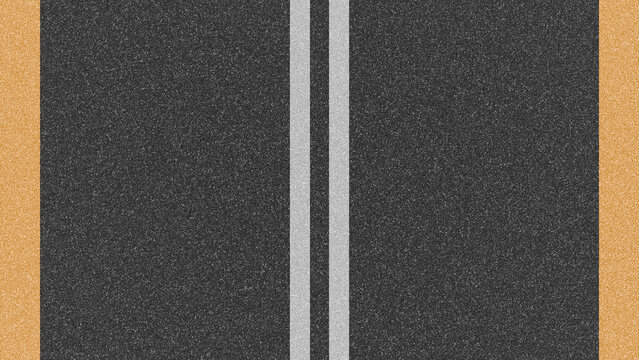 Asphalt road surface with double white center line markings, stretching ahead over a flat urban highway ground texture with textured gravel shoulders