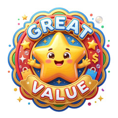 Fototapeta premium Colorful cartoon star badge vector, great value label with dollar sign, playful glossy sticker emblem for sale, pricing and promo design