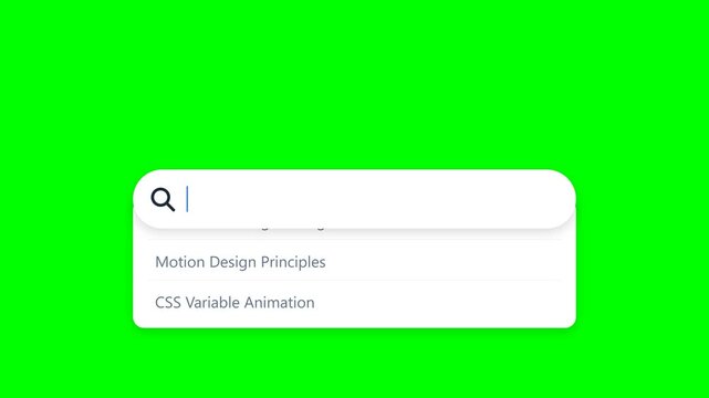 Interactive search bar UI mockup with autocomplete dropdown menu against green screen background