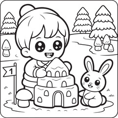 Fototapeta premium Kawaii Child Baking Christmas Cookies with Puppy, Black and White Line Art Coloring Page