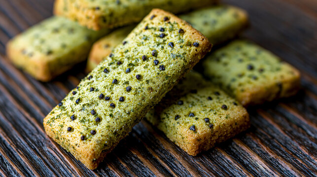 Crispy green tea matcha shortbread cookies on rustic wooden surface with matcha flavor