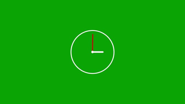 Minimalist analog clock ticking animation on a chroma key green screen background for video compositing, deadline countdown timer, productivity presentations and speed tracking motion loops.