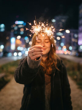 Young woman holding a sparkler on a night path before blurred city lights