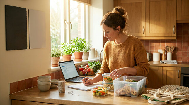 Woman in an orange sweater writing on a notepad beside a laptop indoors