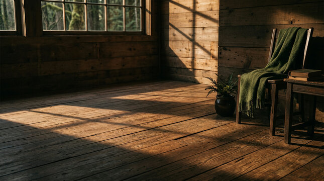 Wooden chair with a green throw and a book in a rustic wooden cabin interior