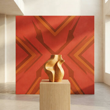Wooden vase sculpture on a pedestal before a red halftone panel in soft daylight