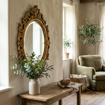 Oval gold mirror above a rustic table with a vase of eucalyptus in soft daylight