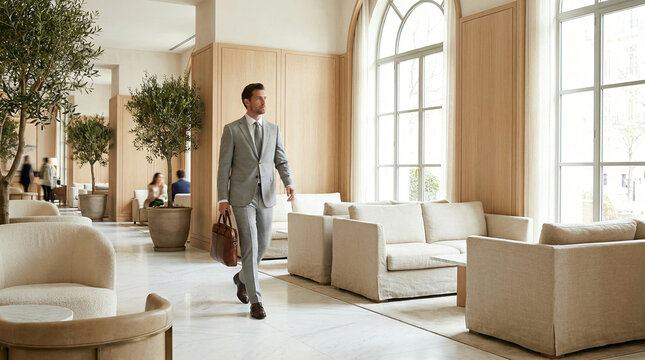 Man crossing a tiled hotel lobby past arched windows and potted olive trees