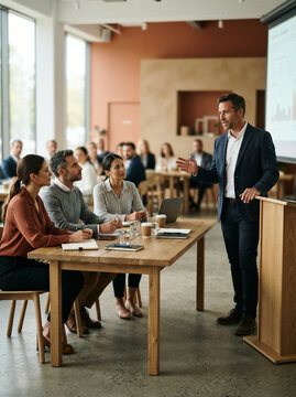 Man presenting to colleagues at a table in a warm toned modern office indoors